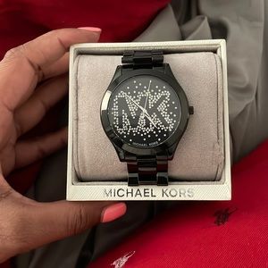 Black Michael kors watch with rhinestone logo